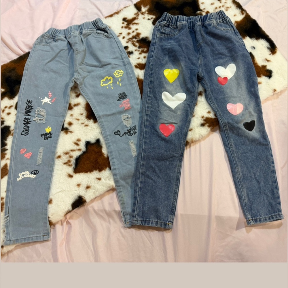SHEIN Kids Jeans Set - Blue and Gray with Heart and Graphic Designs